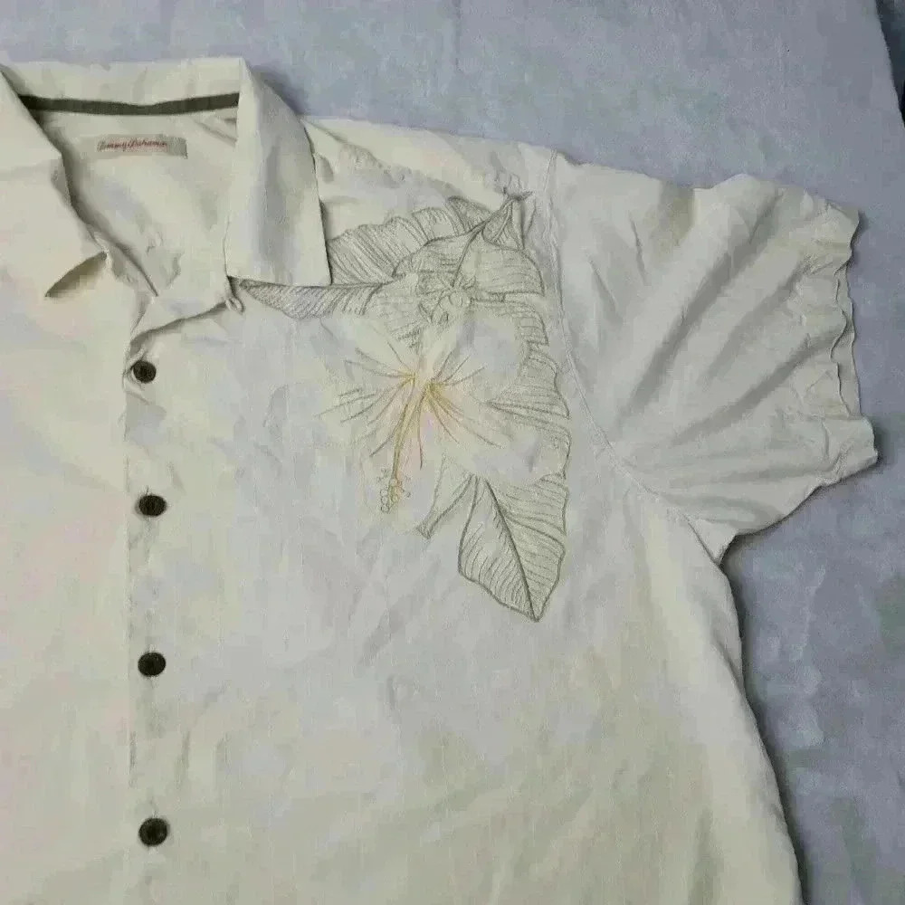 Tommy Bahama Shirt Mens 2XL Biege Floral Short Sleeve Hawaiian 100% Silk - Picture 4 of 8